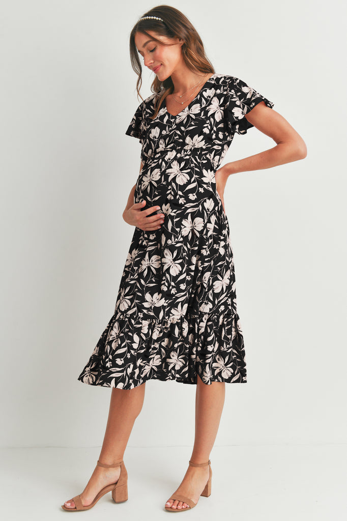 Black Floral Midi Maternity V Neck Dress with Ruffled Hem Side View