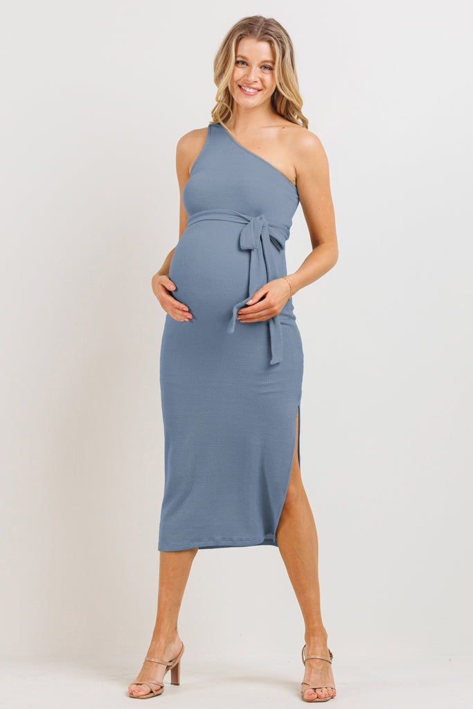 Denim One Shoulder Waist Belt Ribbed Maternity Dress Front View