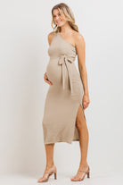 Oatmeal One Shoulder Waist Belt Ribbed Maternity Dress Side View