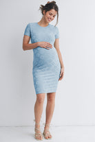 Chambray Floral Short Sleeve Bodycon Maternity Dress Full Body