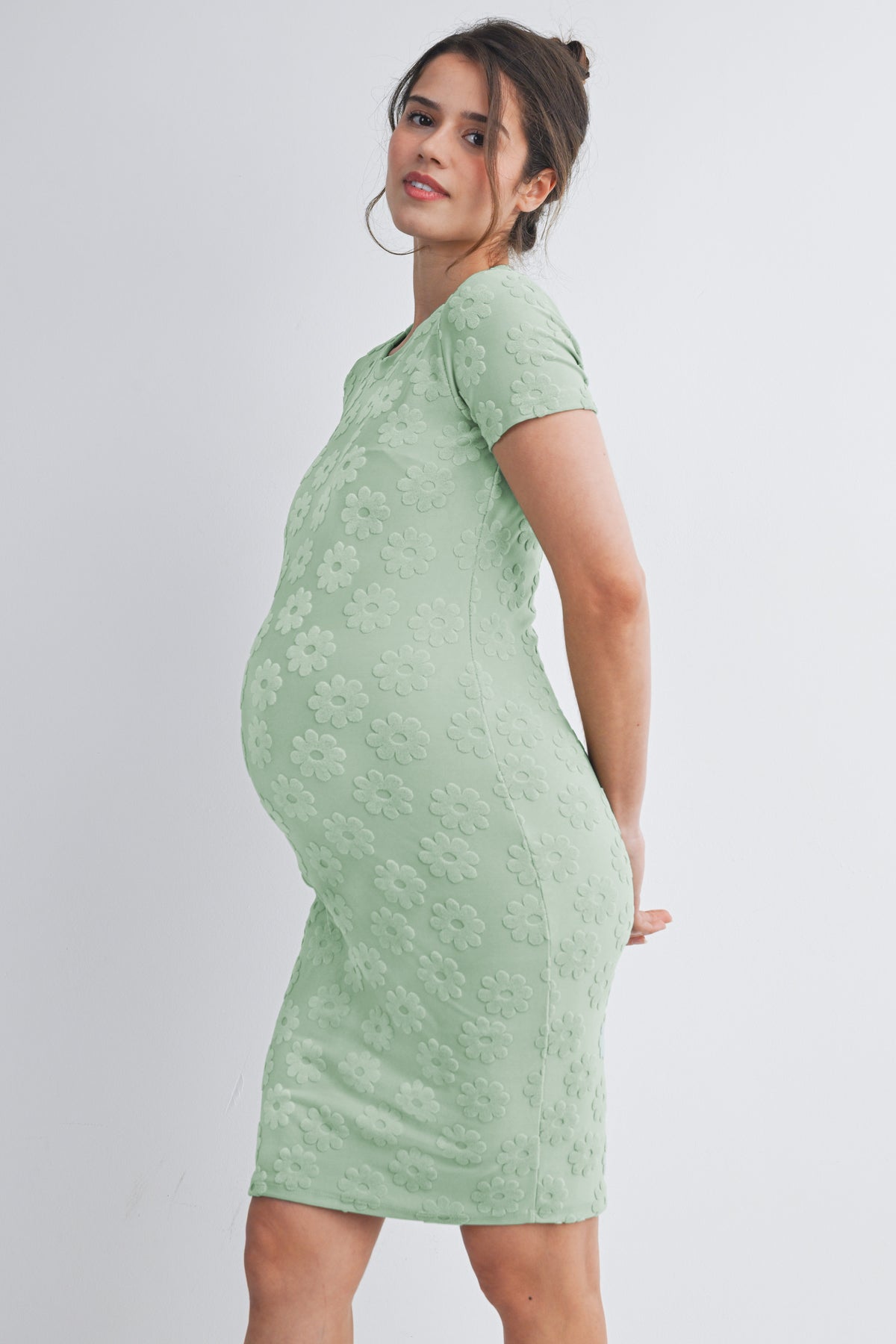 Sage Floral Short Sleeve Bodycon Maternity Dress Side View