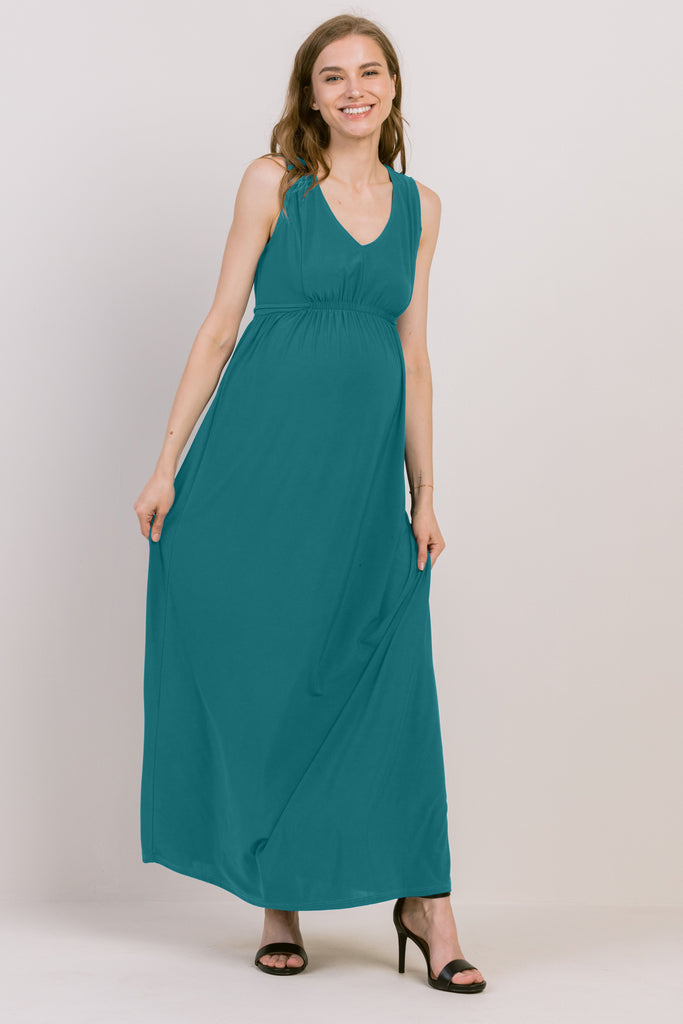 Turquoise Sleeveless V Neck Waist Elastic Maternity Maxi Dress Front