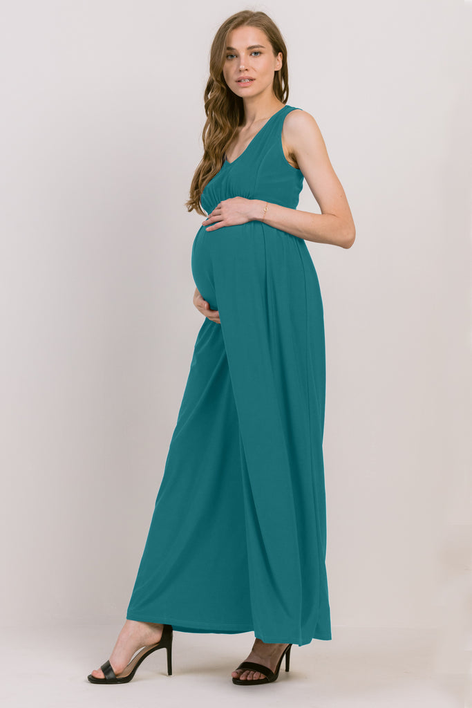 Turquoise Sleeveless V Neck Waist Elastic Maternity Maxi Dress Side