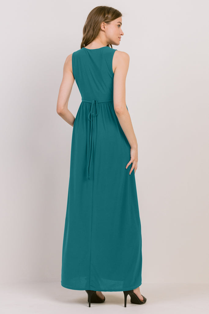 Turquoise Sleeveless V Neck Waist Elastic Maternity Maxi Dress Back