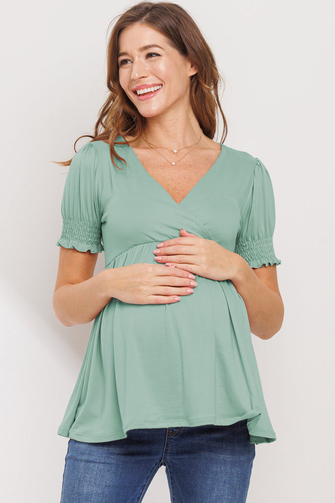 Sage V-Neck Wrapped Maternity/Nursing Top Front View