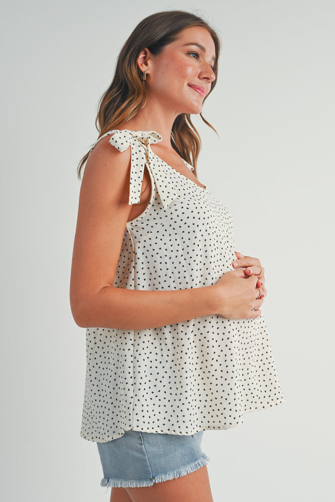 White Polka Dot Tie Shoulder Maternity Tank Top Side View