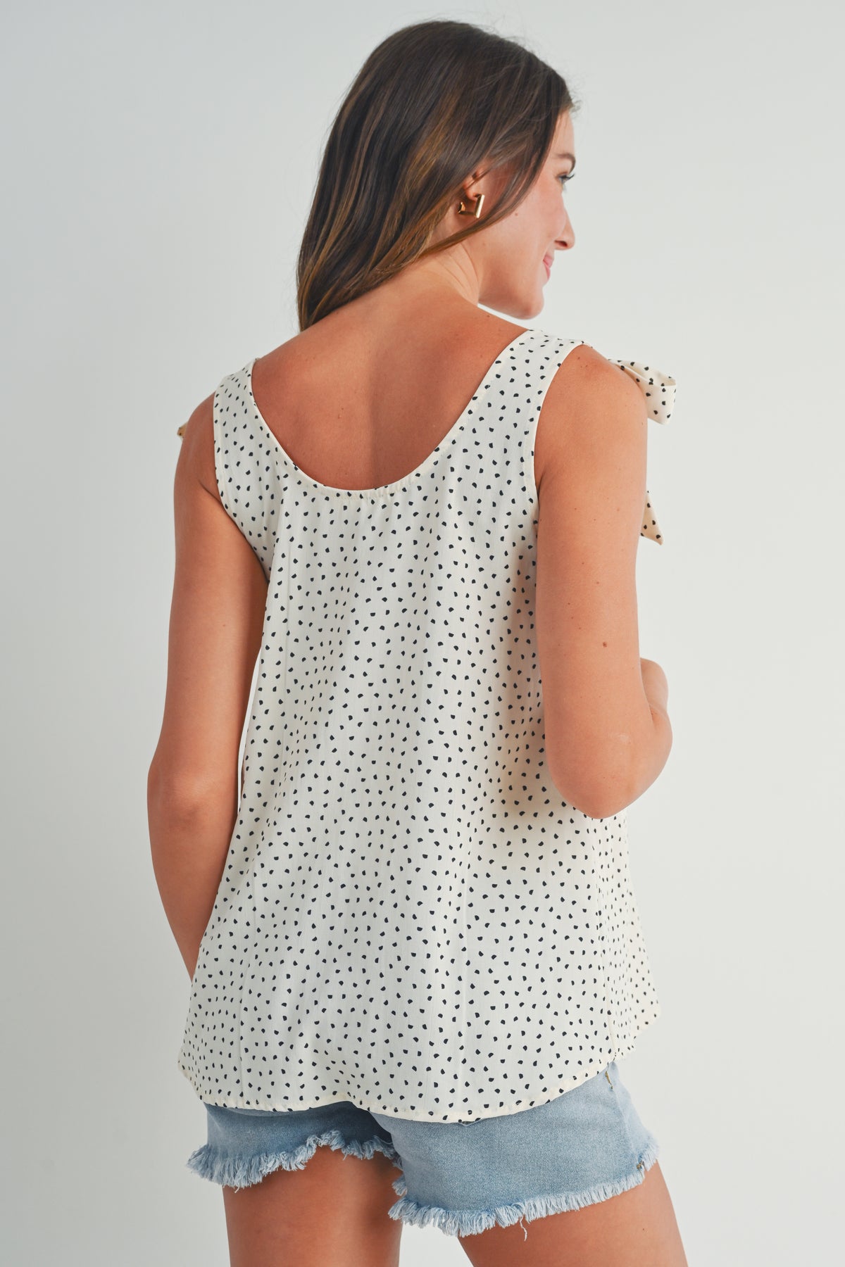 White Polka Dot Tie Shoulder Maternity Tank Top Back View