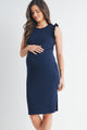 Navy Ruffle Sleeve Side Slit Fitted Maternity Dress Front View