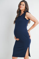 Navy Ruffle Sleeve Side Slit Fitted Maternity Dress Side View