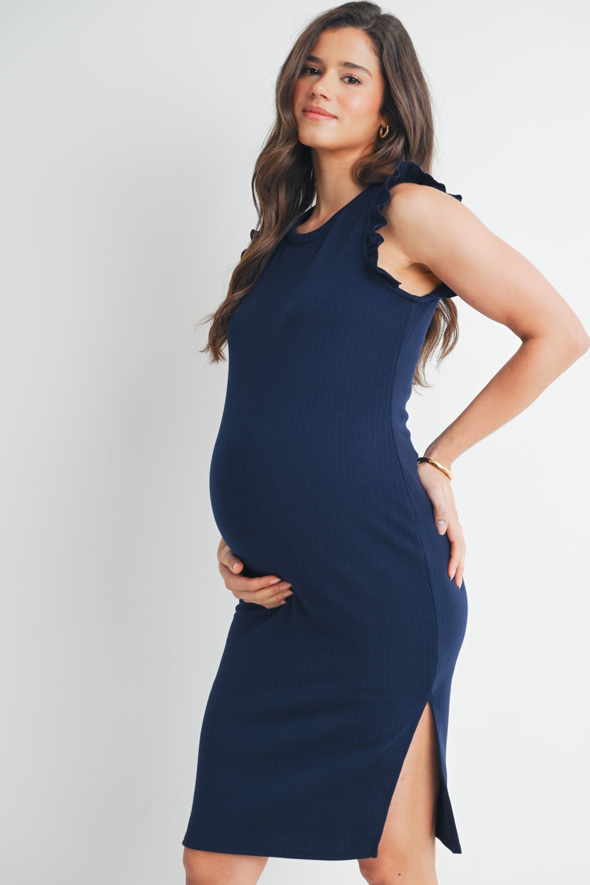 Navy Ruffle Sleeve Side Slit Fitted Maternity Dress Side View