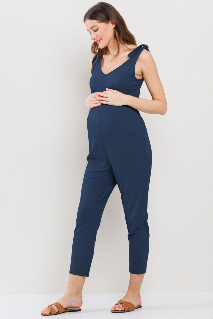 Navy Adjustable Tie-Sleeve Maternity Jumpsuit Side View