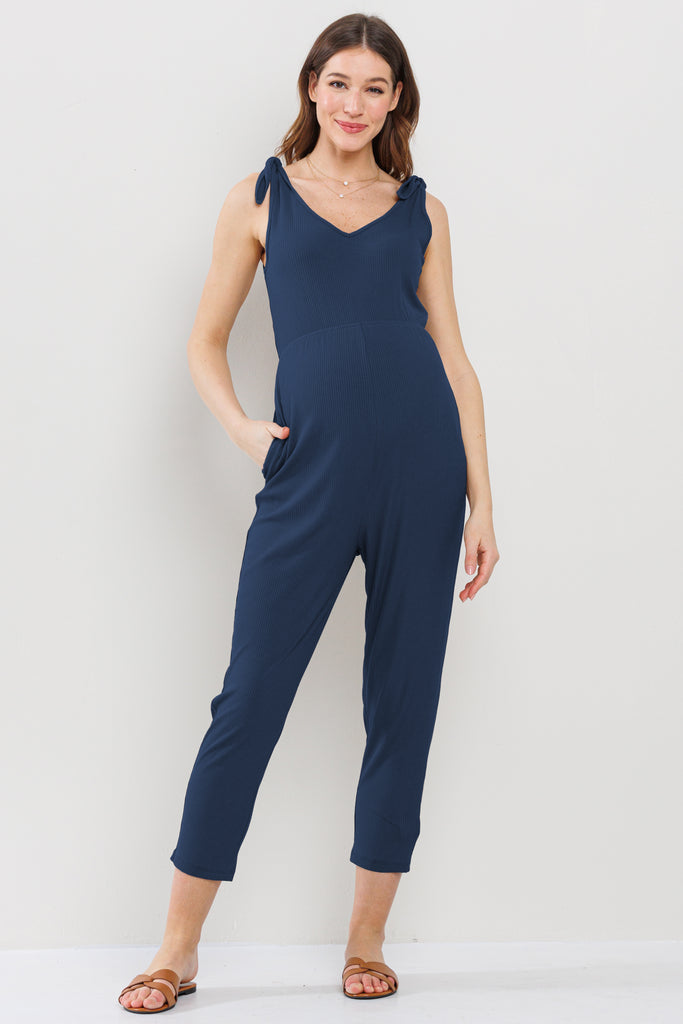 Navy Adjustable Tie-Sleeve Maternity Jumpsuit Front View