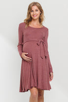 Dusty Rose Rib Knit Belted Maternity Skater Dress Front View