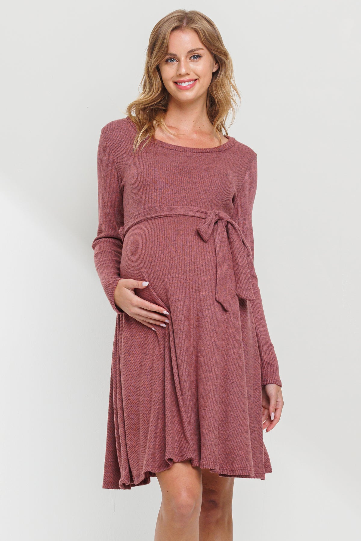 Dusty Rose Rib Knit Belted Maternity Skater Dress Front View