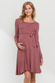 Dusty Rose Rib Knit Belted Maternity Skater Dress Front View