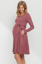 Dusty Rose Rib Knit Belted Maternity Skater Dress Side View