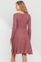 Dusty Rose Rib Knit Belted Maternity Skater Dress Back View