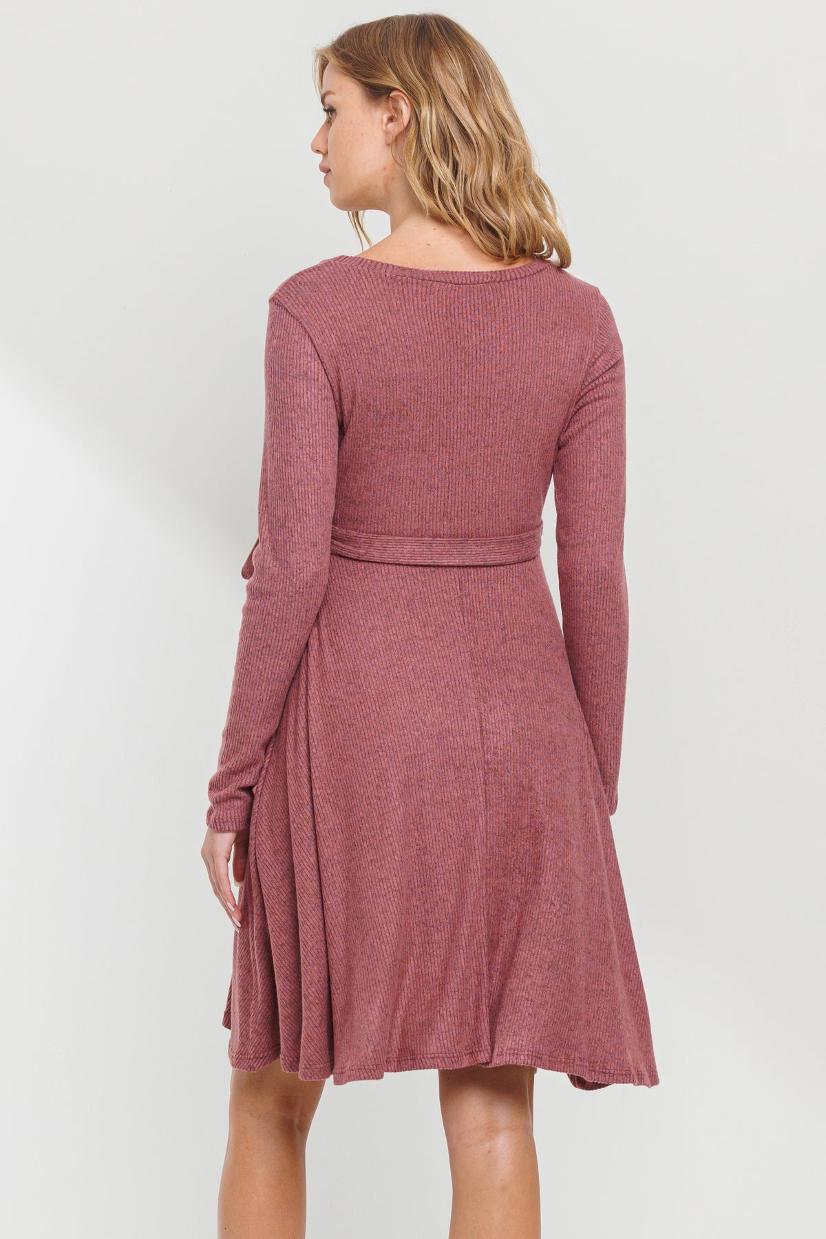 Dusty Rose Rib Knit Belted Maternity Skater Dress Back View
