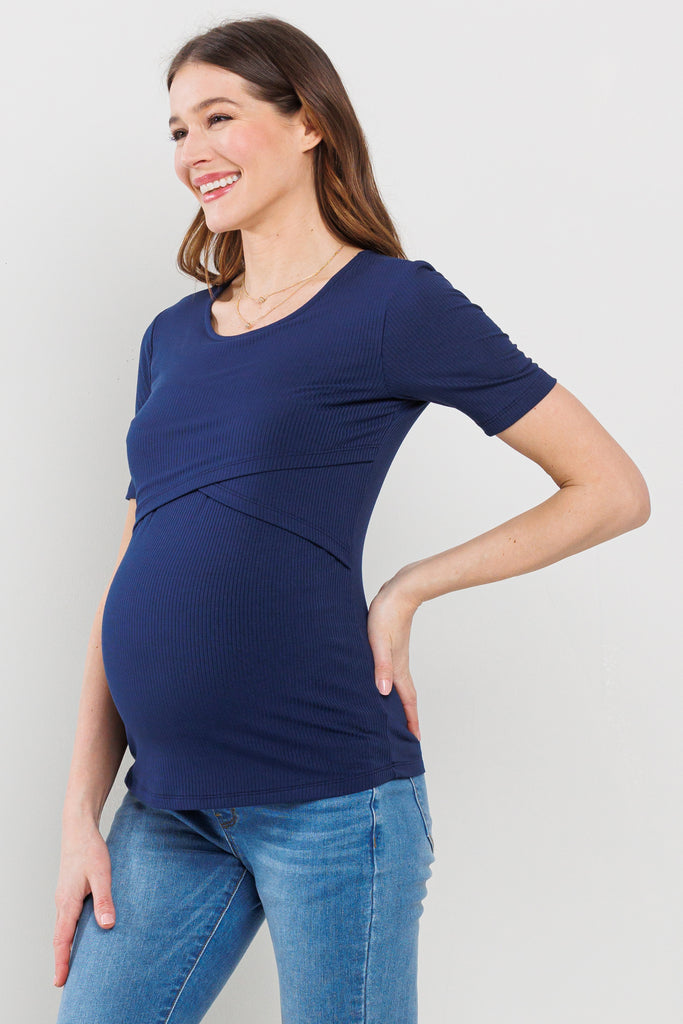 Navy Ribbed Double Layered Bust Nursing Top Side View