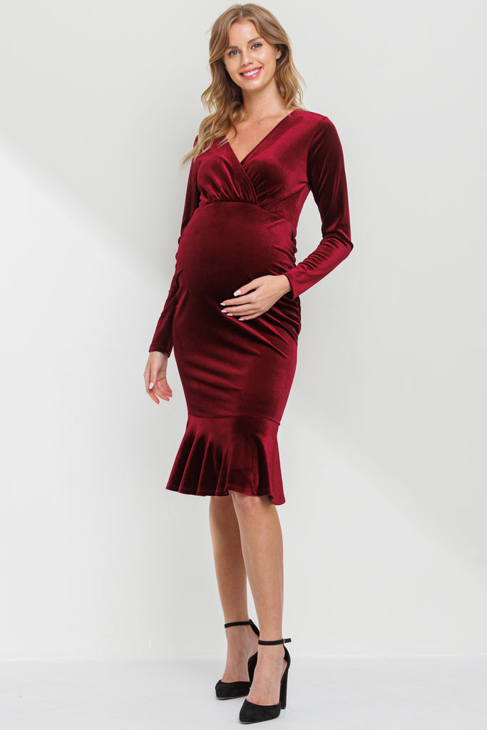 Burgundy Velvet V-Neck Mermaid Hem Maternity Dress Full Body