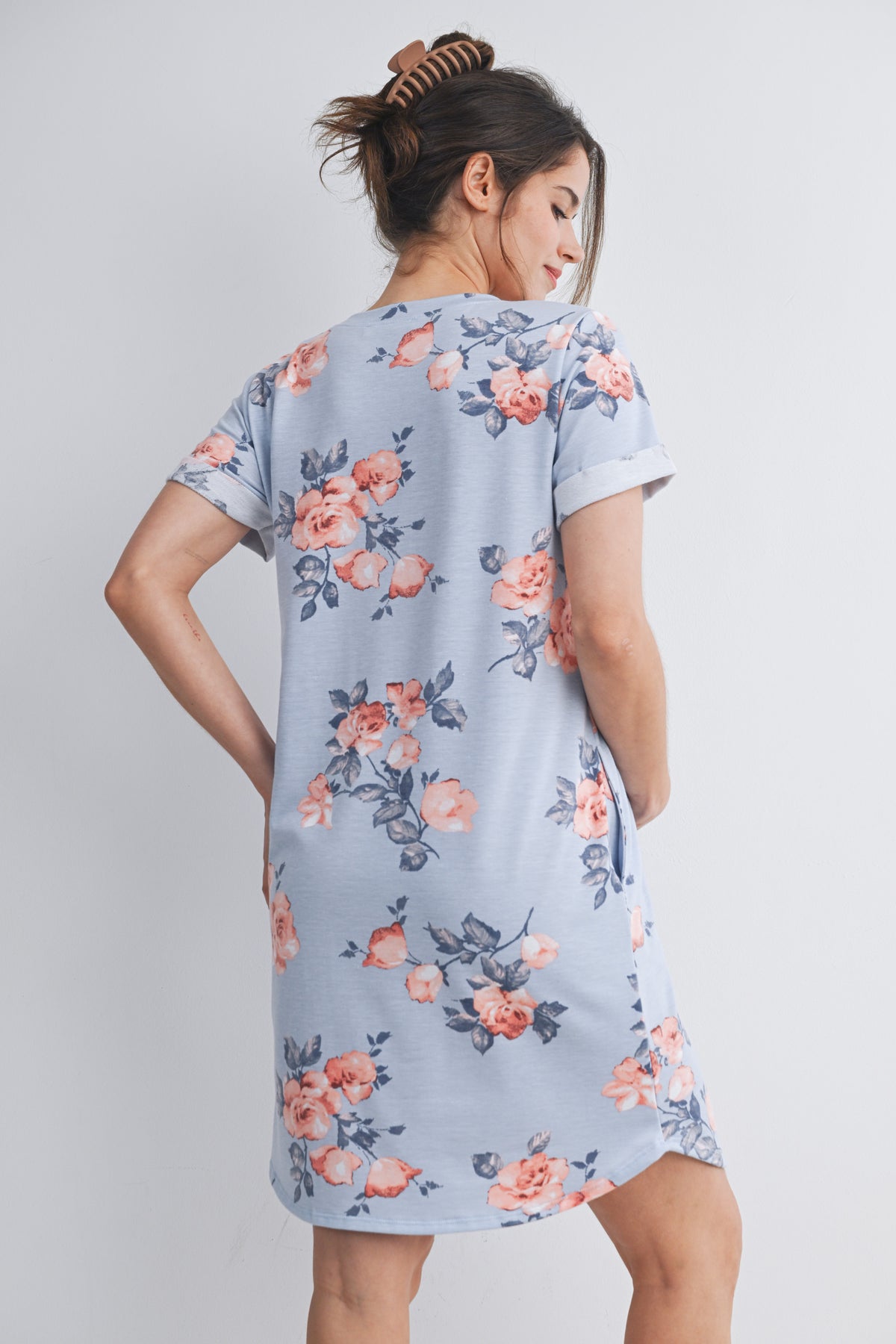 Chambray Floral Crewneck Short Sleeve Maternity T-Shirt Dress Back View