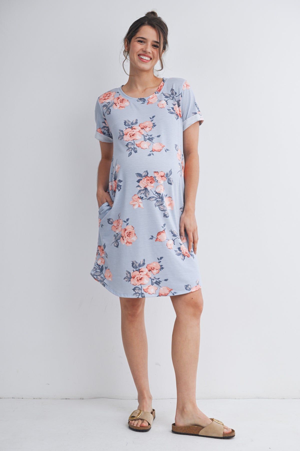 Chambray Floral Crewneck Short Sleeve Maternity T-Shirt Dress Full Body