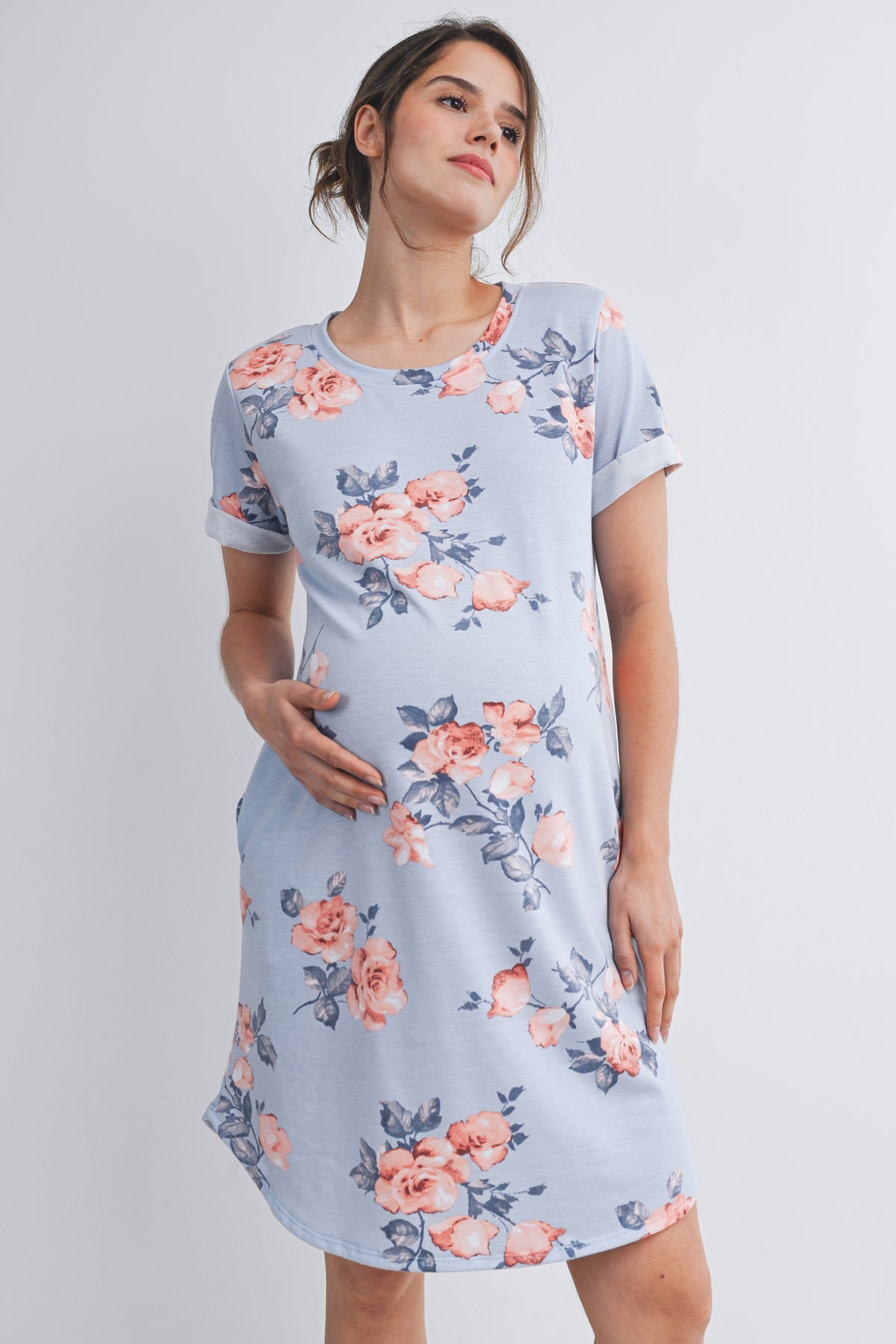 Chambray Floral Crewneck Short Sleeve Maternity T-Shirt Dress Front View