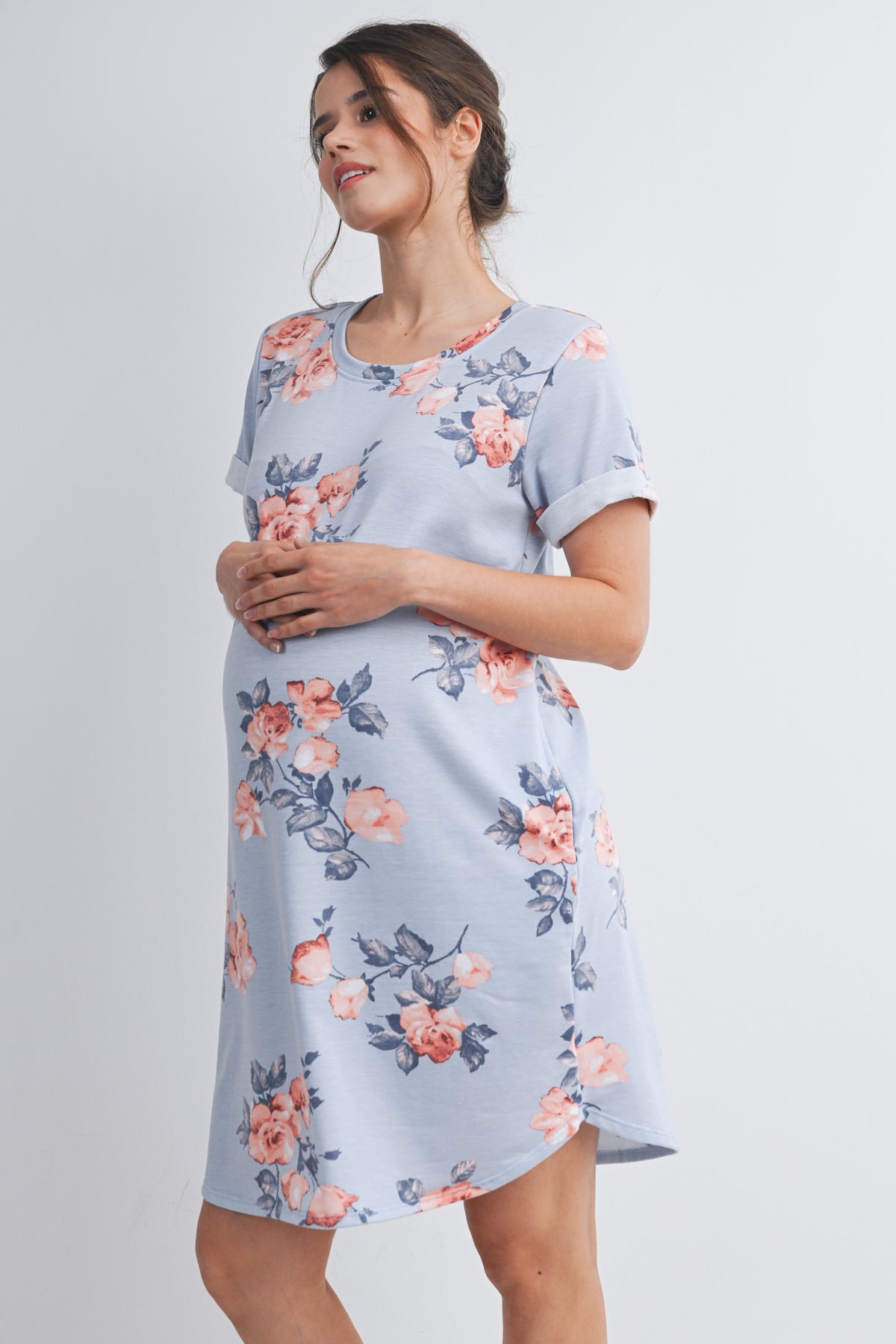 Chambray Floral Crewneck Short Sleeve Maternity T-Shirt Dress Side View