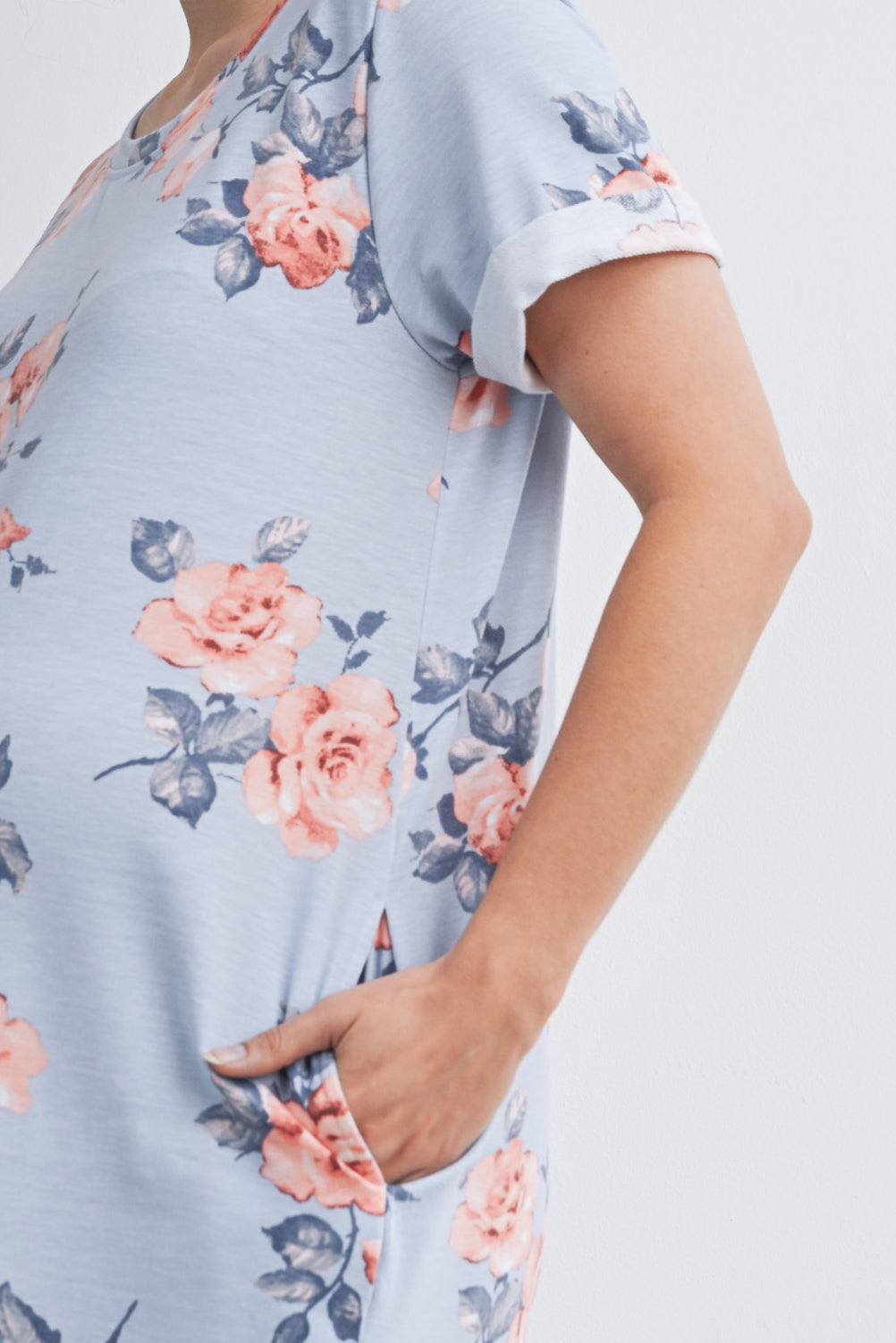Chambray Floral Crewneck Short Sleeve Maternity T-Shirt Dress Close Up
