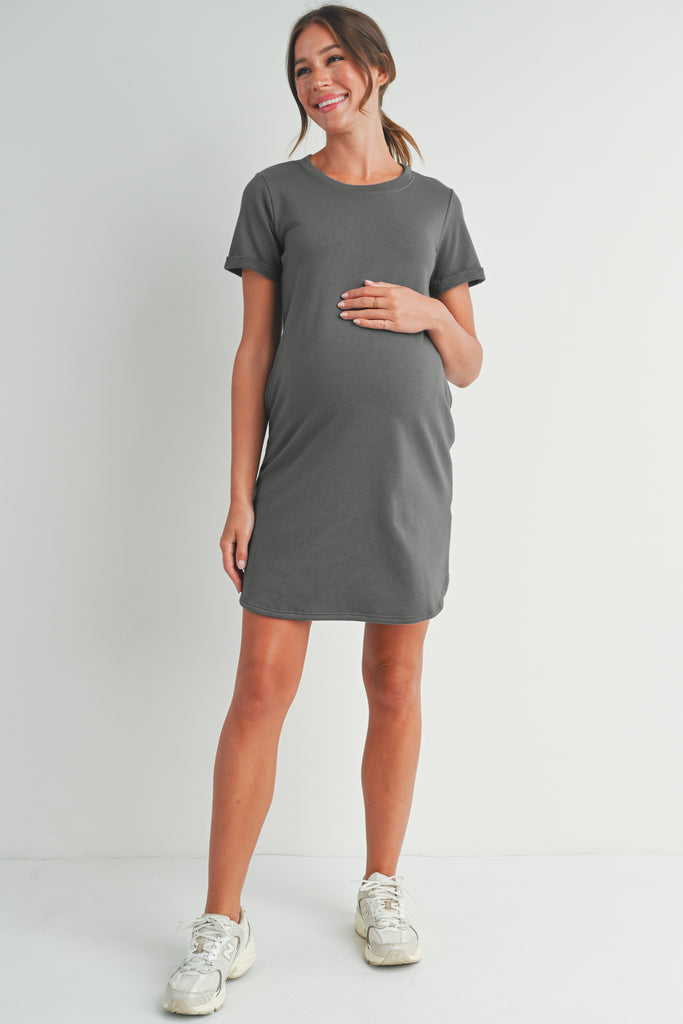 Dark Grey Crew Neck T-Shirt Maternity Dress with Pockets Full Body
