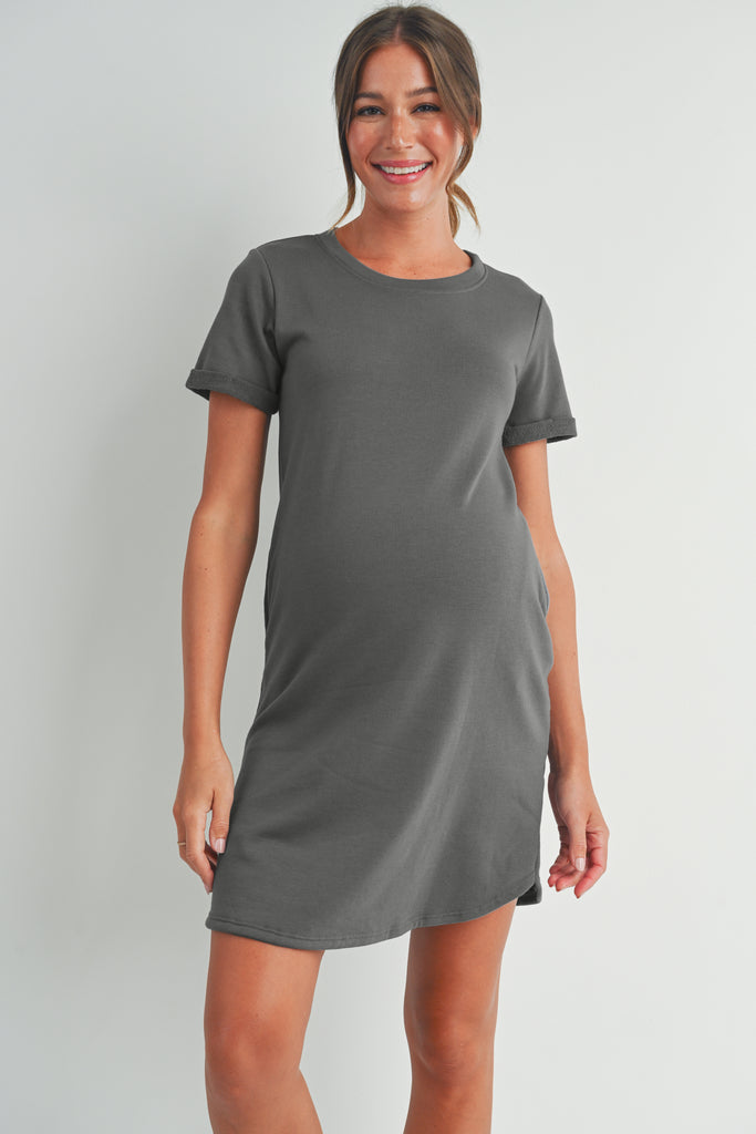 Dark Grey Crew Neck T-Shirt Maternity Dress with Pockets Front