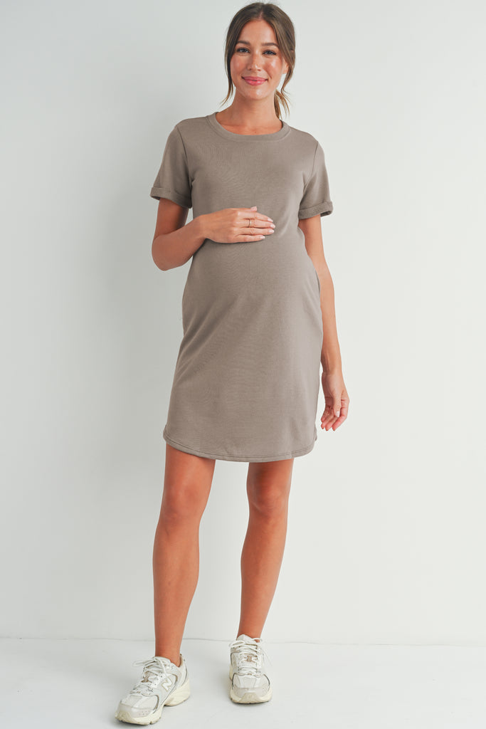 Mocha Crew Neck T-Shirt Maternity Dress with Pockets Full Body