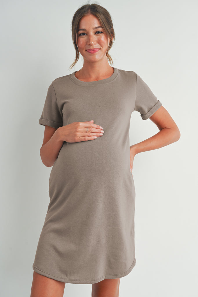 Mocha Crew Neck T-Shirt Maternity Dress with Pockets Front