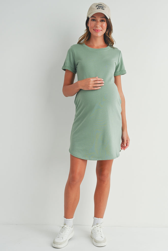 Sage Crew Neck T-Shirt Maternity Dress with Pockets Front
