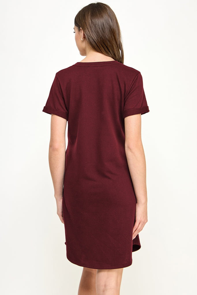 Burgundy Crew Neck T-Shirt Maternity Dress with Pockets