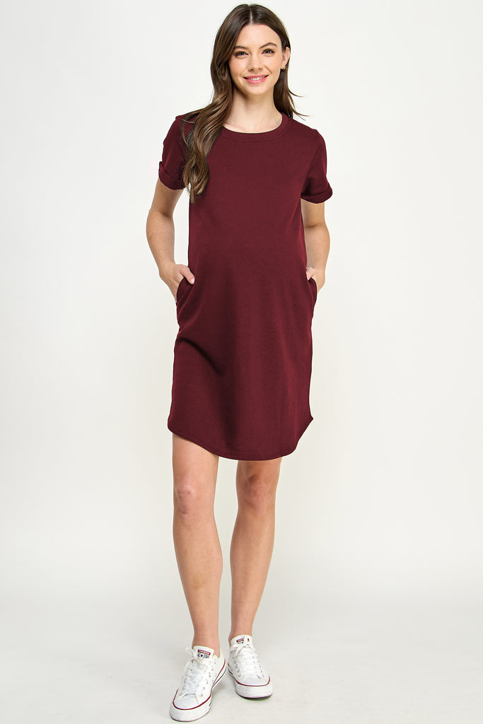 Burgundy Crew Neck T-Shirt Maternity Dress with Pockets