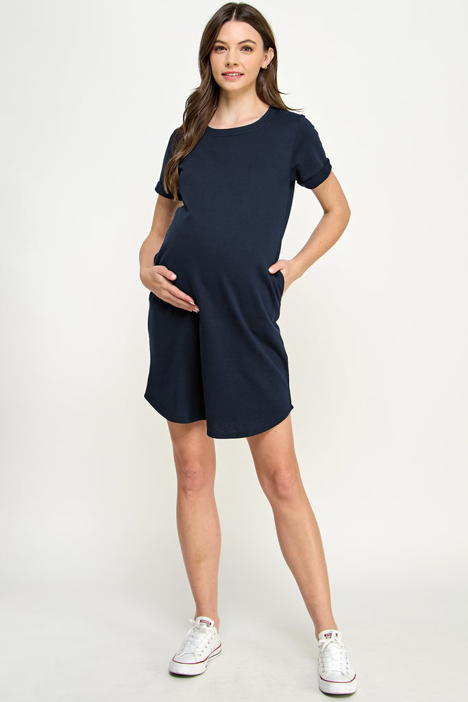 Navy Crew Neck T-Shirt Maternity Dress with Pockets