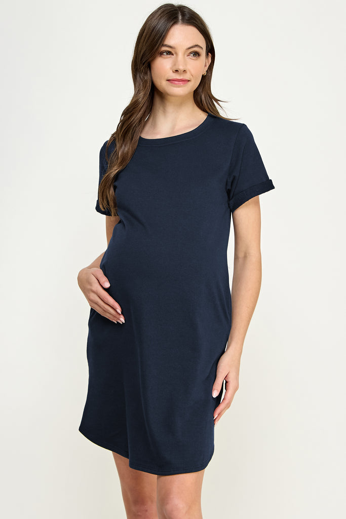 Navy Crew Neck T-Shirt Maternity Dress with Pockets