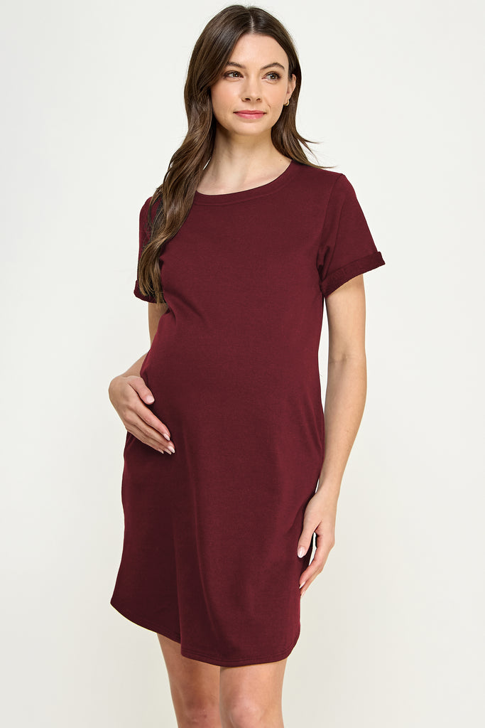 Burgundy Crew Neck T-Shirt Maternity Dress with Pockets Front