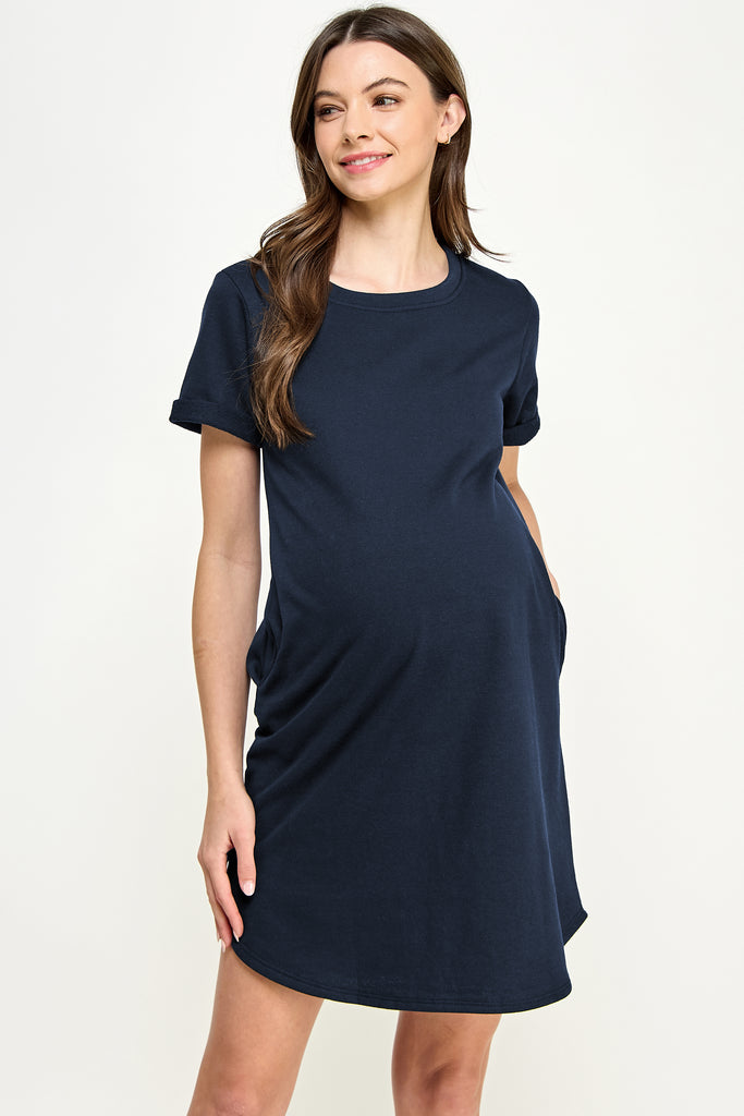 Navy Crew Neck T-Shirt Maternity Dress with Pockets