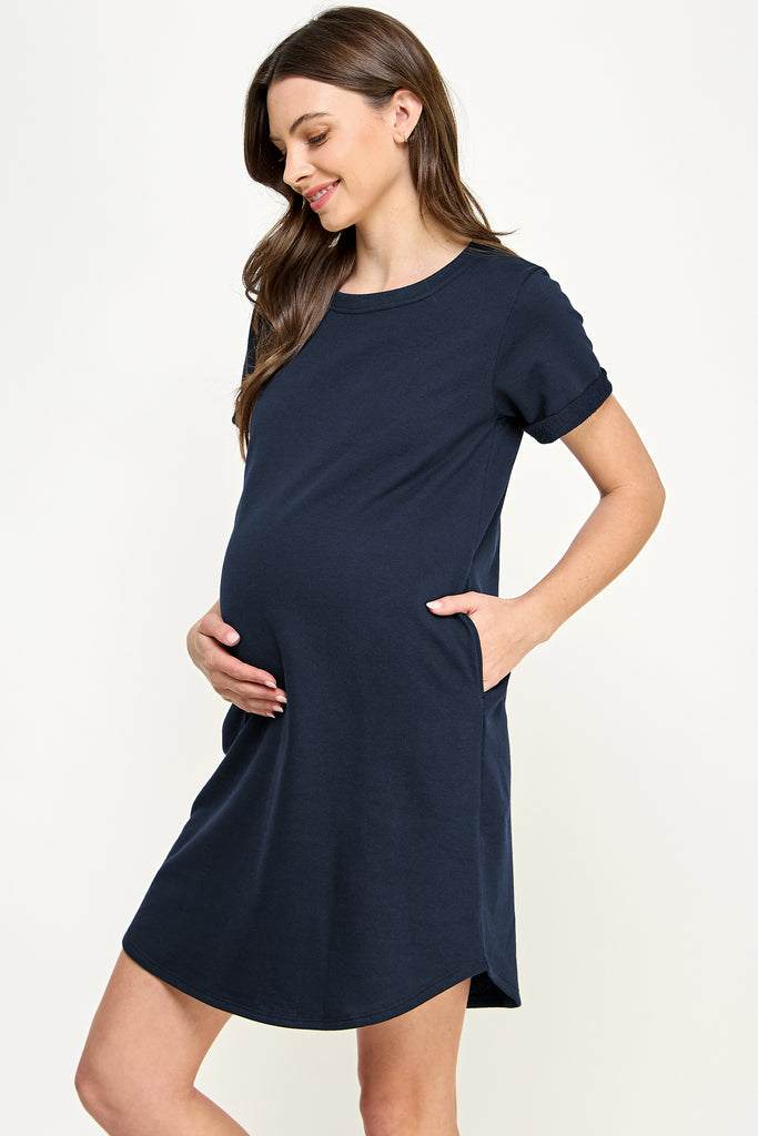 Navy Crew Neck T-Shirt Maternity Dress with Pockets