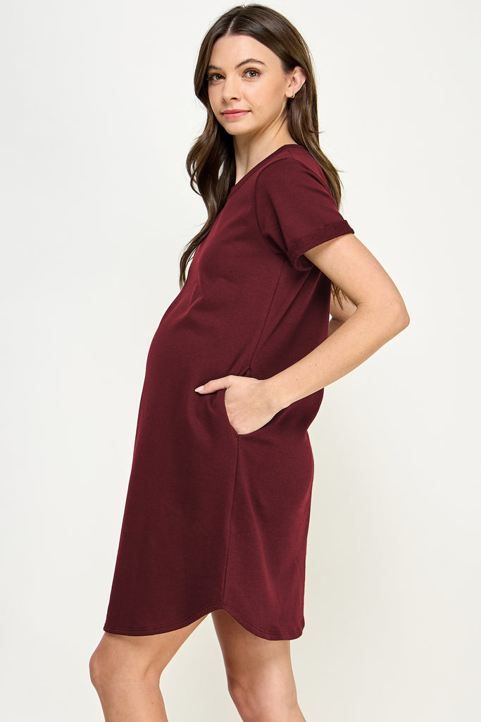 Burgundy Crew Neck T-Shirt Maternity Dress with Pockets