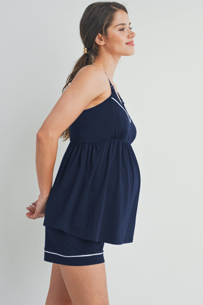 Navy Maternity Cami Top and Short Loungewear Set Side View