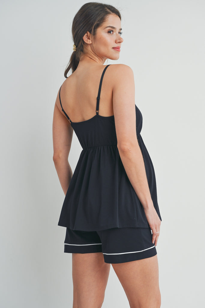 Black Maternity Cami Top and Short Loungewear Set Side Back View