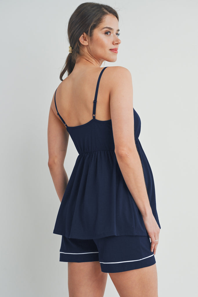 Navy Maternity Cami Top and Short Loungewear Set Back View