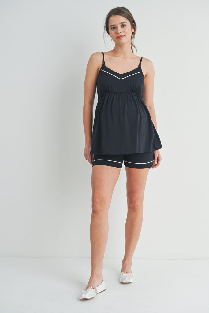 Black Maternity Cami Top and Short Loungewear Set Front View
