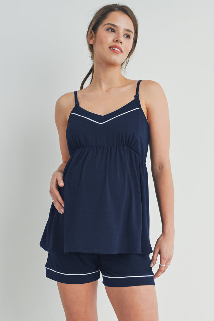Navy Maternity Cami Top and Short Loungewear Set Front View