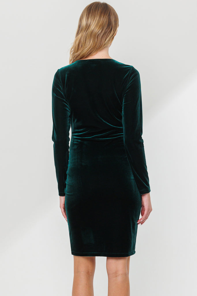 Hunter Green Square Neck Velvet Maternity Dress With Side Slit Back