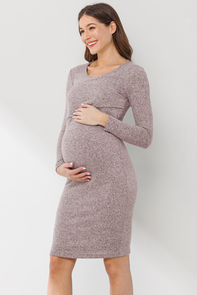 Dusty Pink Double Layer Long Sleeve Nursing/Maternity Dress Side