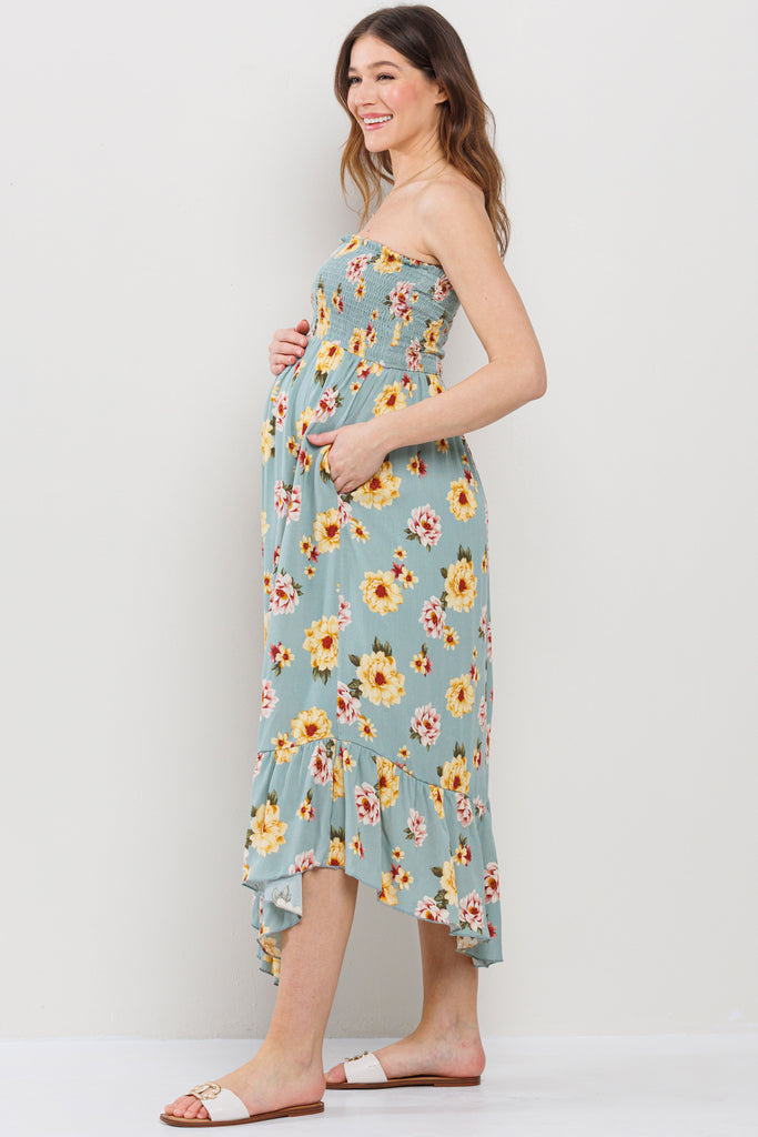 Sage Ditsy Floral Backless Tube Maternity Dress